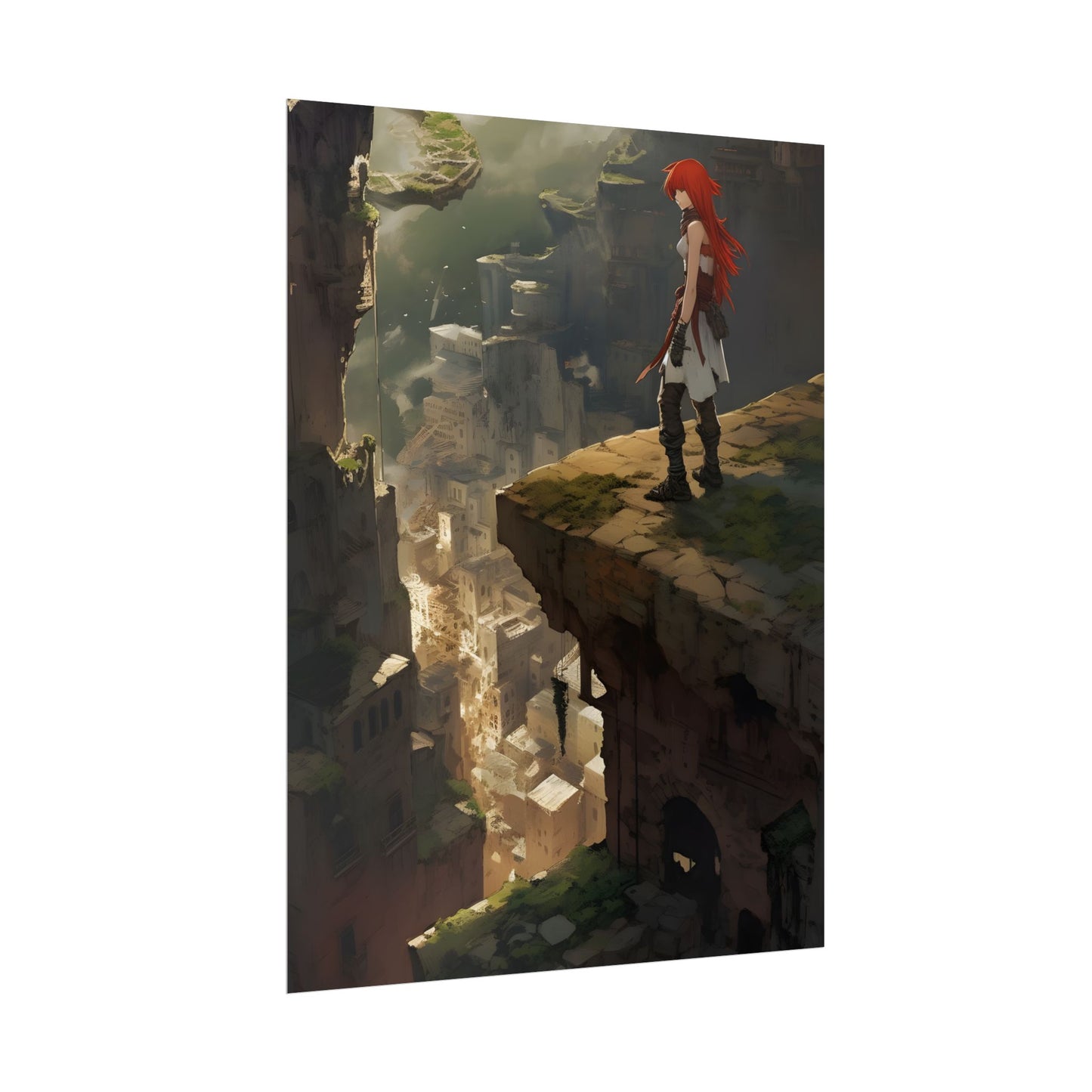 Anime Birds Eye View: Red Haired Female in Action Fantasy Scene - Poster