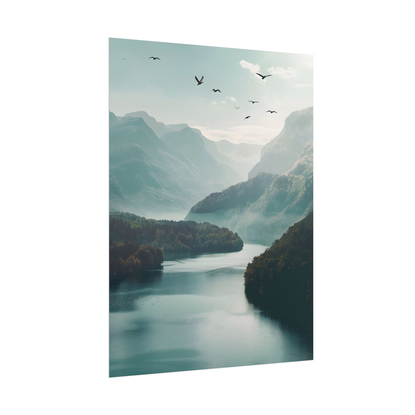 Explore Serene Mountains and Lake: Aerial Perspective Digital Art - Poster