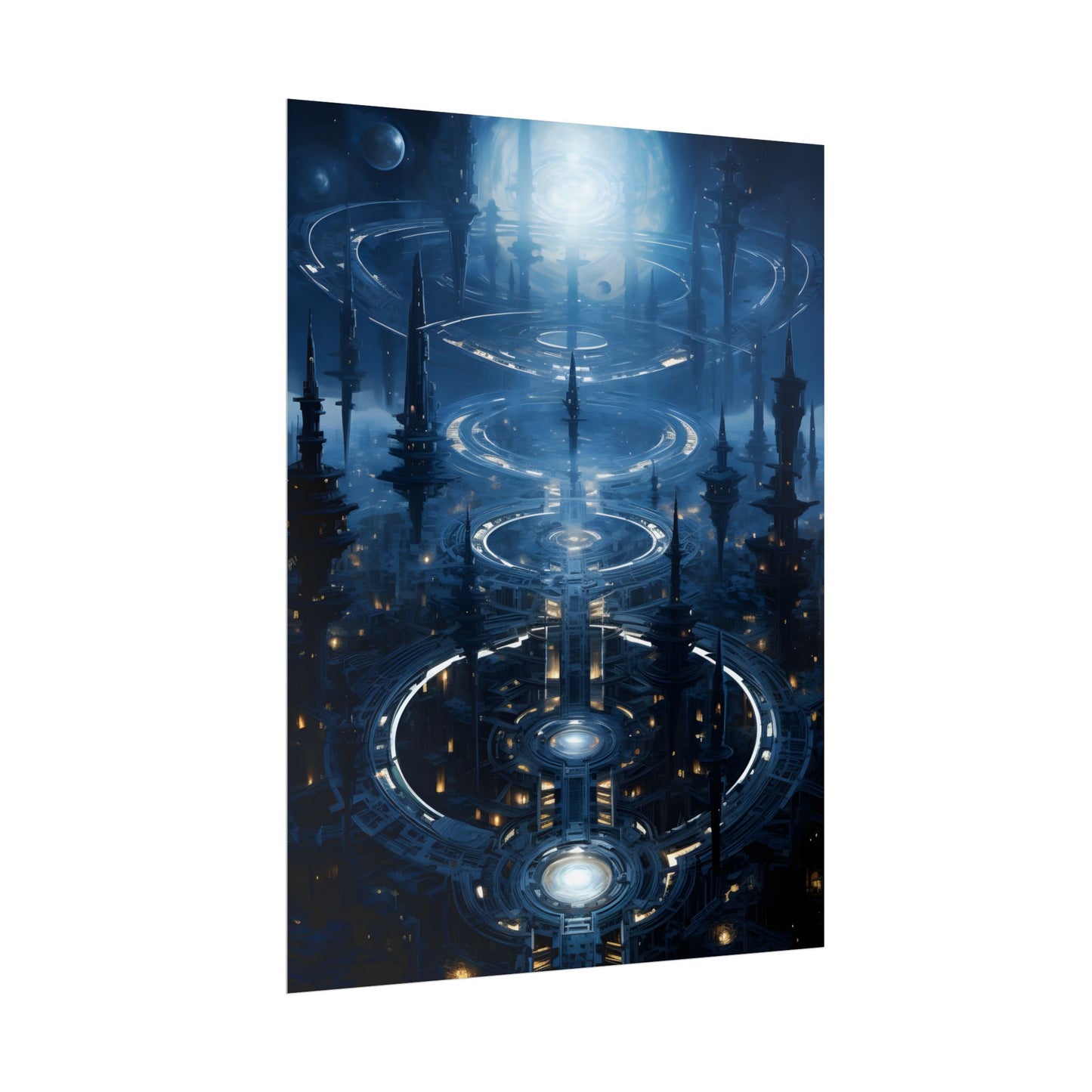 Aetherial Space Station: Galactic Hub in Vibrant Blue Nebula - Poster
