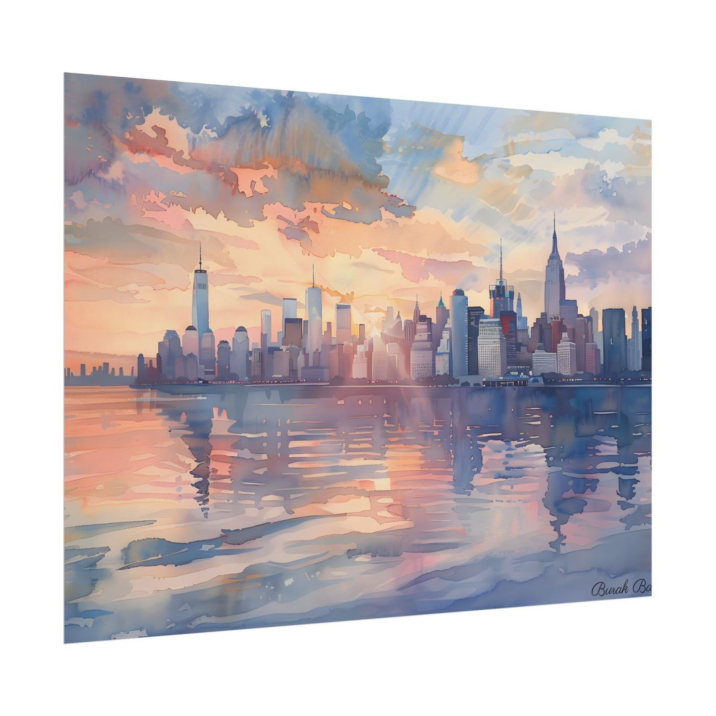 Watercolor New York City Sunset: Golden Hour Artwork - Poster