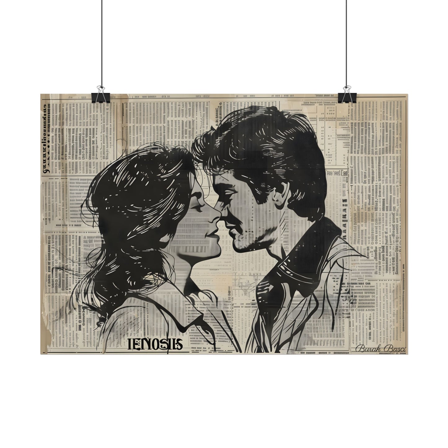 Vintage Romance Couples: Timeless Newsprint Art - Poster