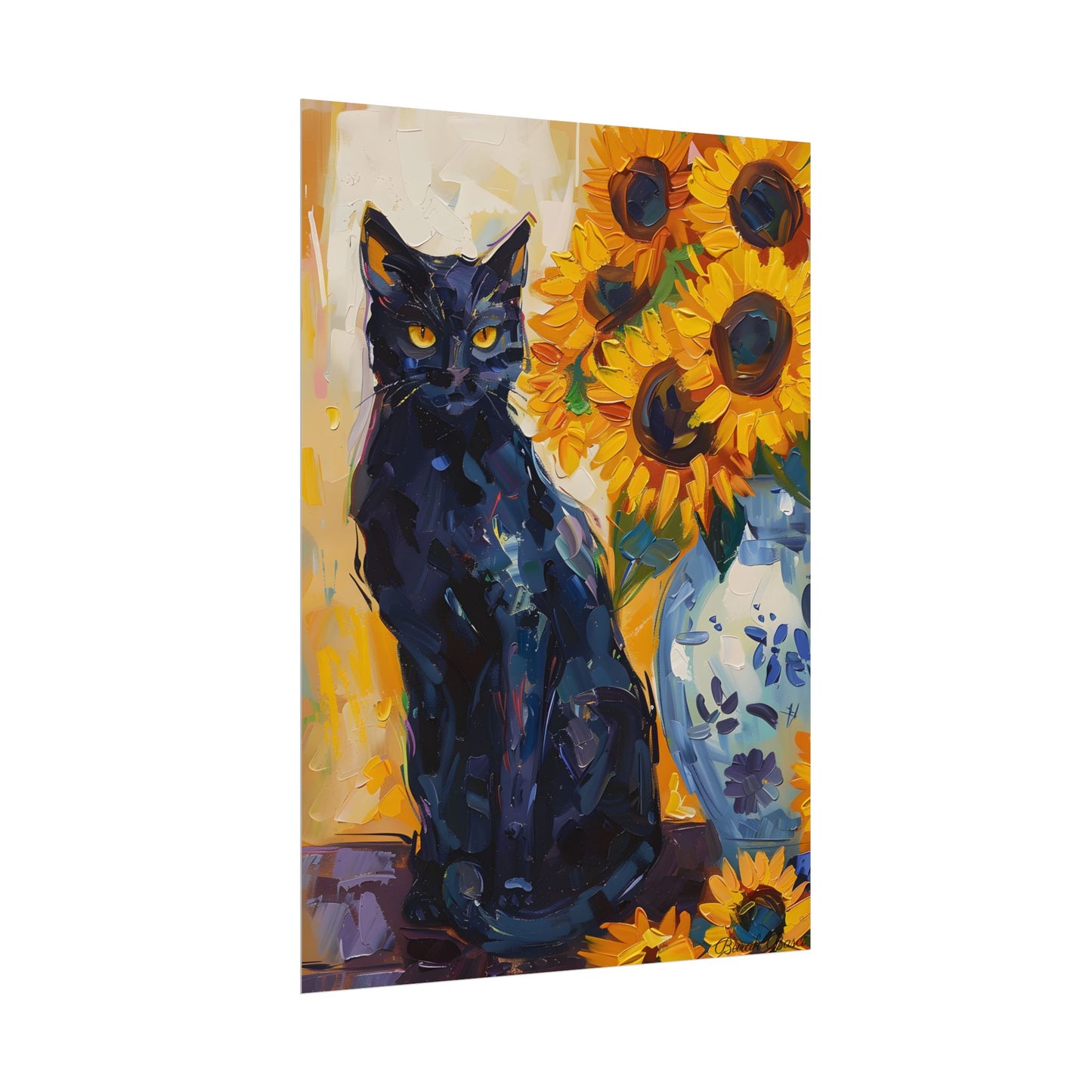 Whiskers by Sunshine: Black Cat in a Blooming Garden - Poster