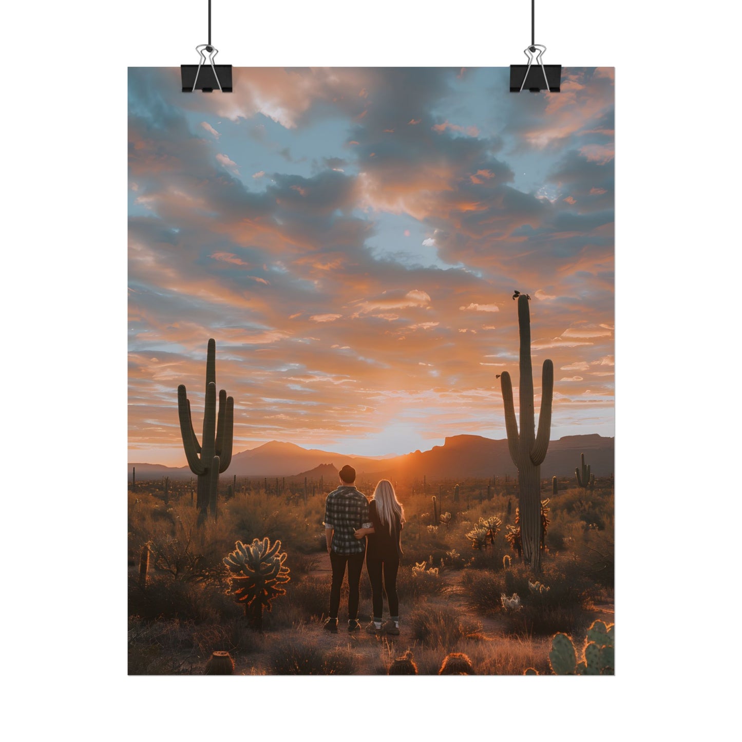 Warm Embrace Under Desert Sunset: People Standing Together in Golden Hour - Poster