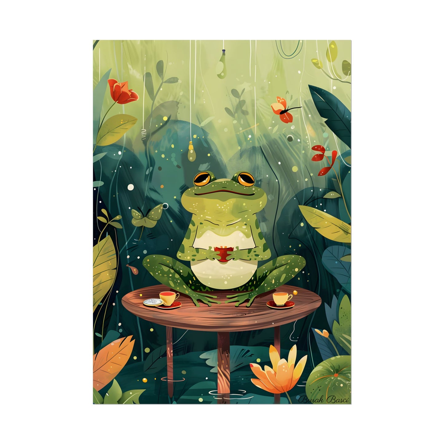 Whimsical Frog on Water: Playful Lily Pad Illustration - Poster