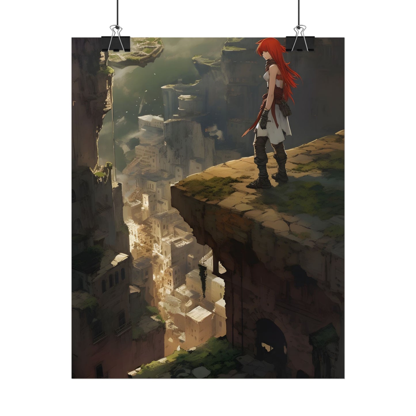 Anime Birds Eye View: Red Haired Female in Action Fantasy Scene - Poster