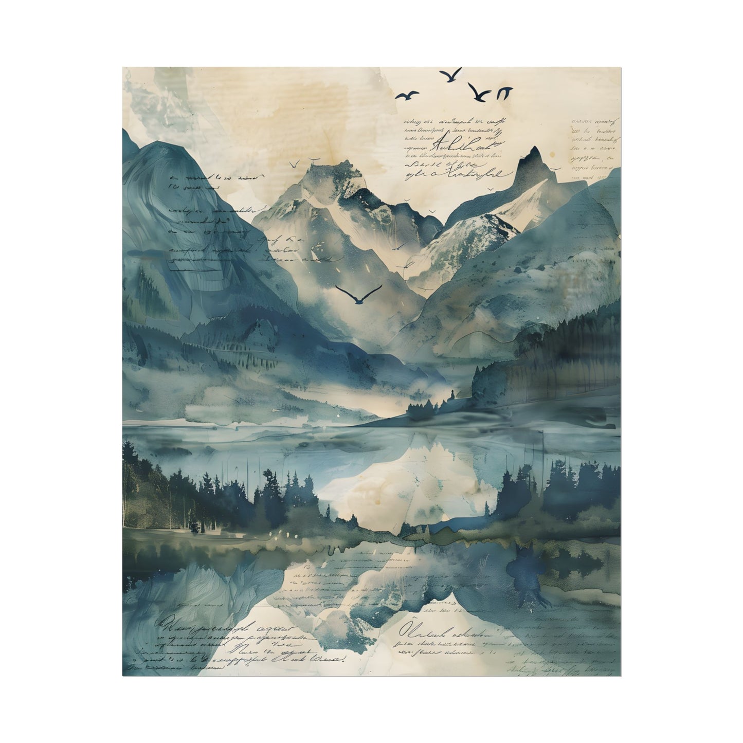 Serene Mountain Landscape: Wildlife Art with Birds in Flight - Poster