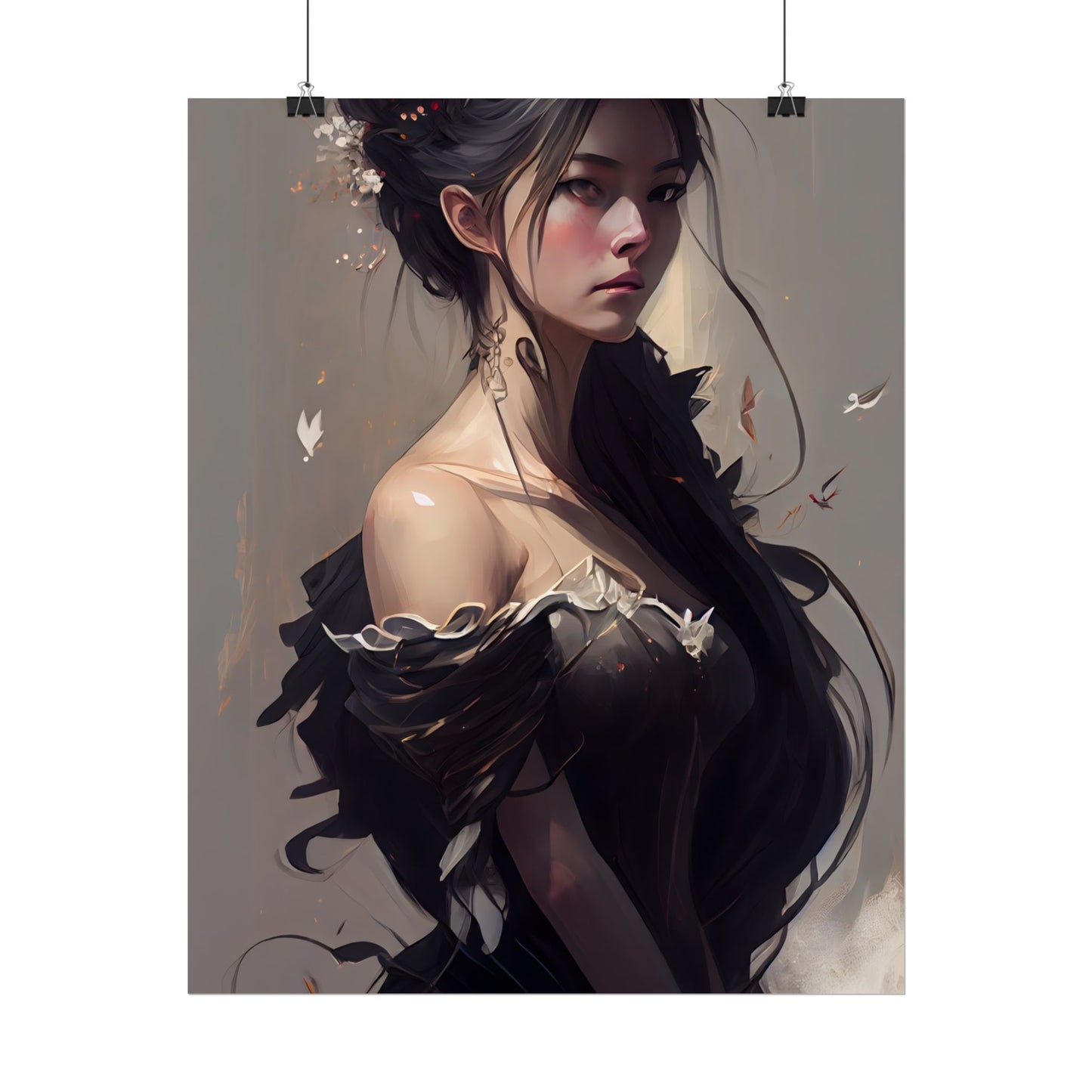 Elegant Black Hair Portrait: Beautiful Female in Dress Art - Poster