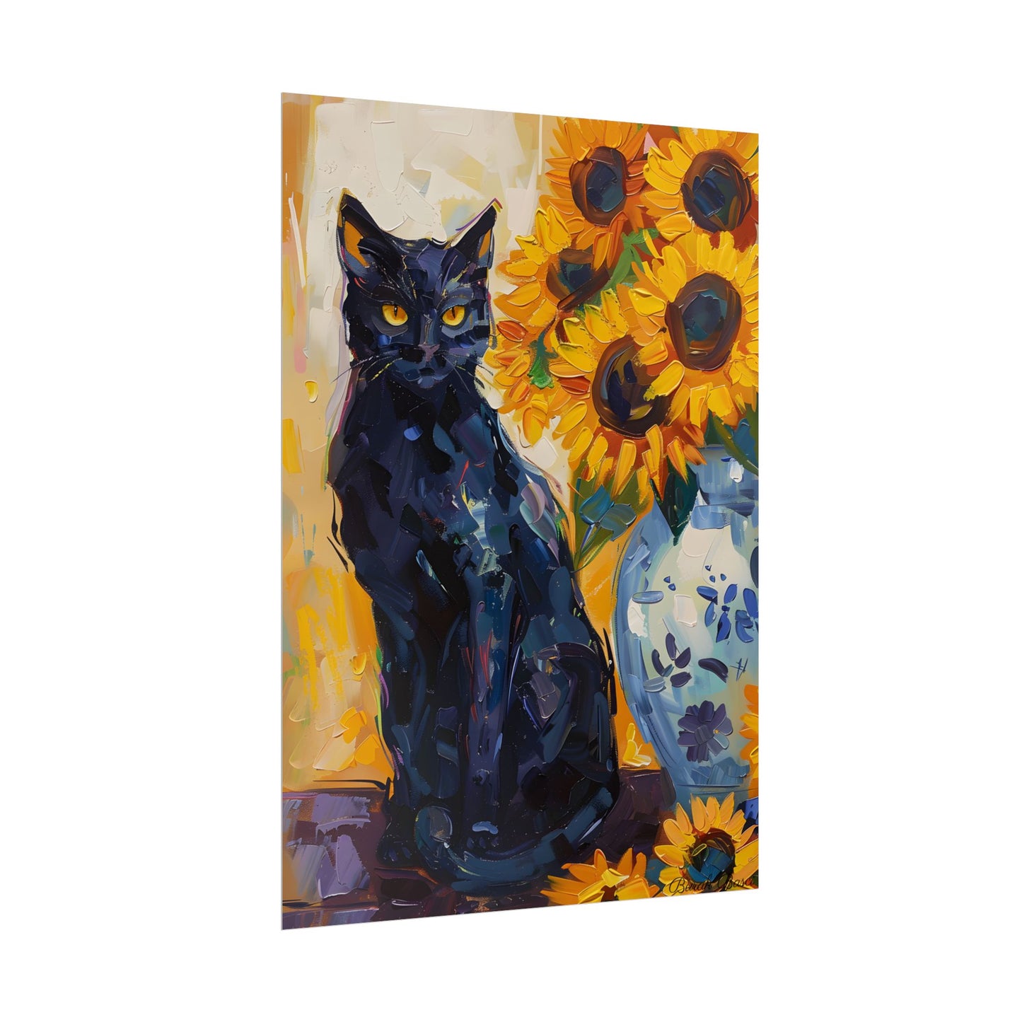 Whiskers by Sunshine: Black Cat in a Blooming Garden - Poster