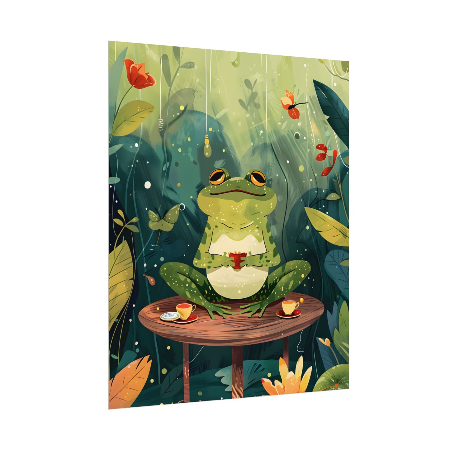 Whimsical Frog on Water: Playful Lily Pad Illustration - Poster
