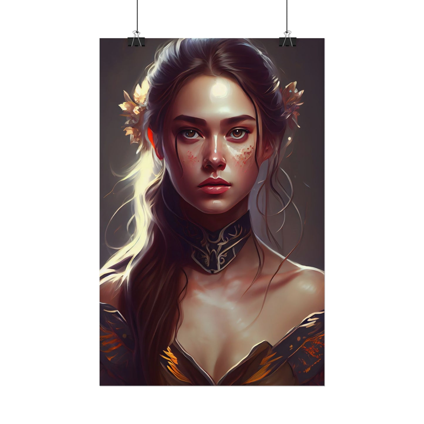 Stunning Female Portrait: Brown Hair Artwork in a Dramatic Style - Poster