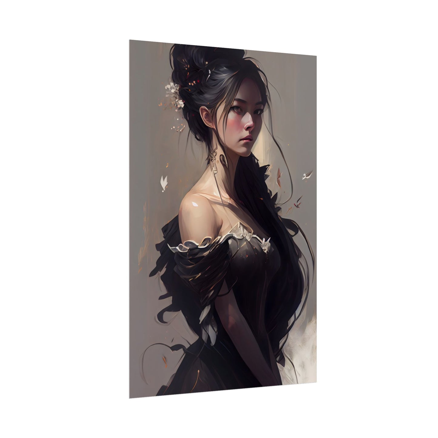 Elegant Black Hair Portrait: Beautiful Female in Dress Art - Poster