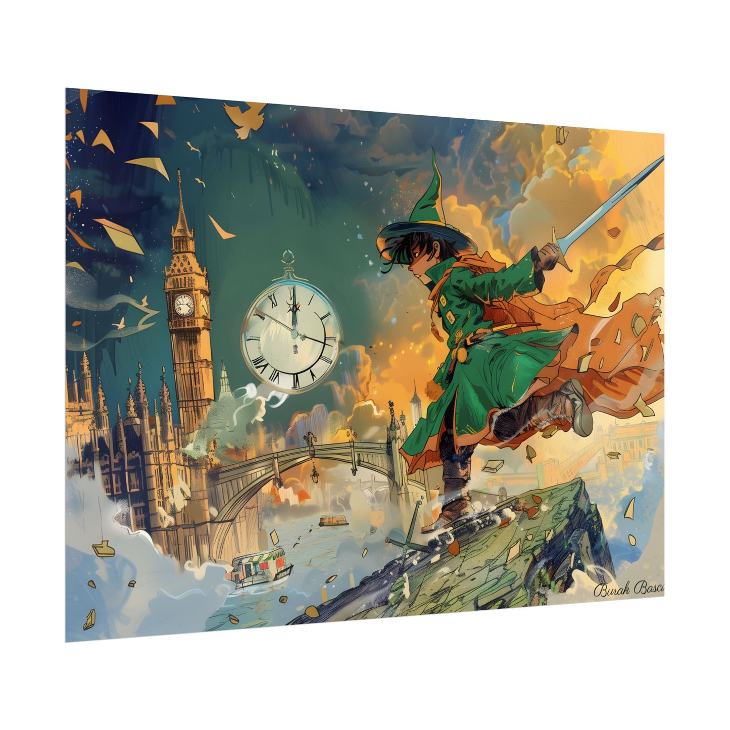 Whimsical Green Tunic Boy: Mischievous Illustration - Poster
