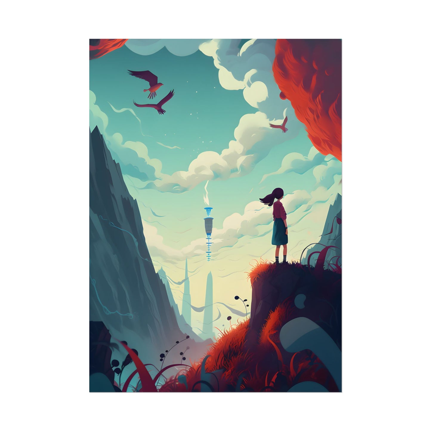 Cloudy Meadow: Boy and Girl in Serene Nature Scene - Poster