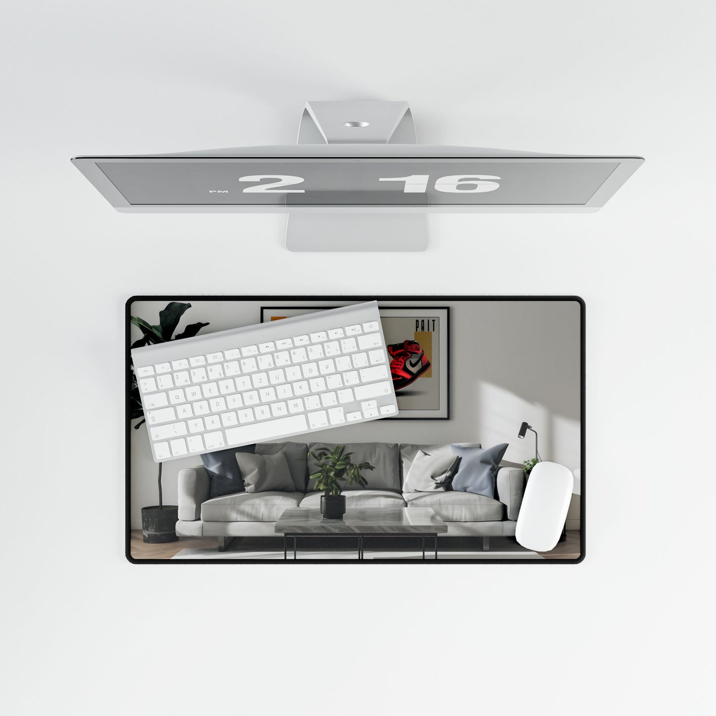 Minimalist Modern Living Room: Neutral Colors & Natural Light Art - Desk Mat