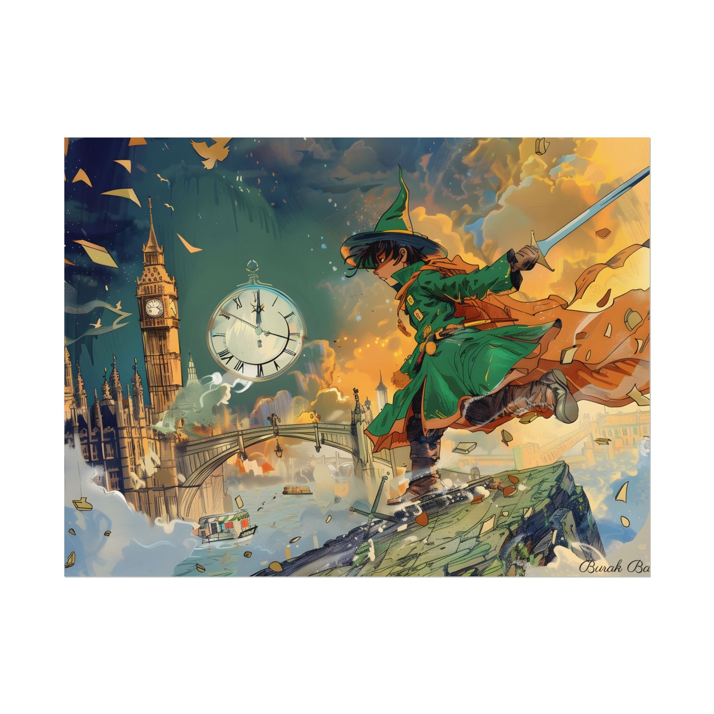 Whimsical Green Tunic Boy: Mischievous Illustration - Poster