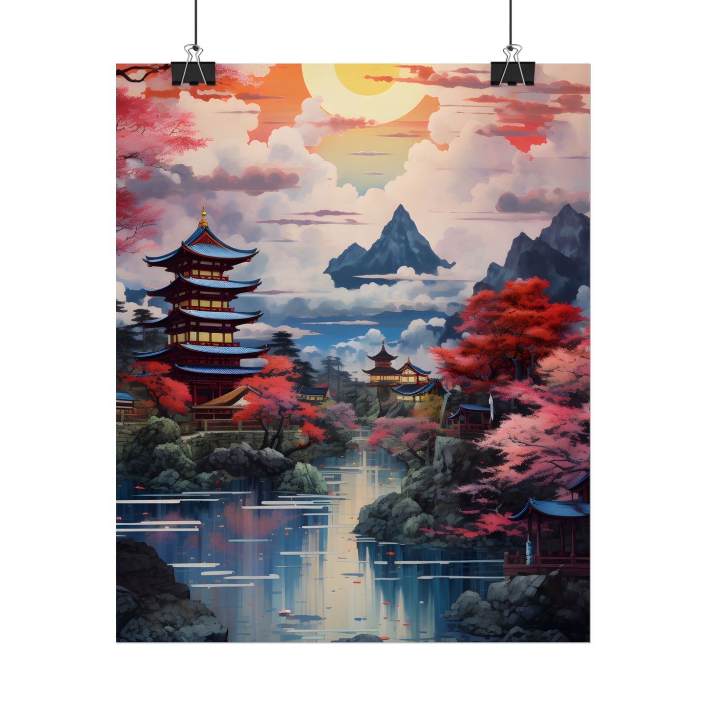 Wonderful Japanese River Scene with Serene Flowers - Poster