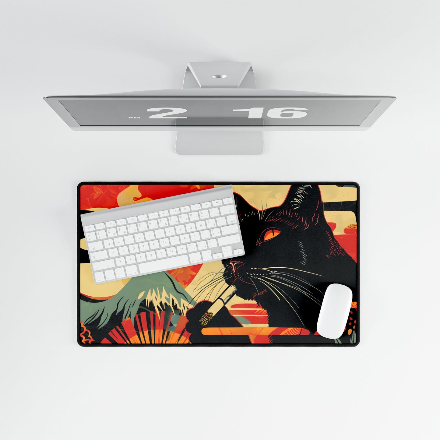 Whimsical Cat Smoking: Red & White Stripe Artwork - Desk Mat
