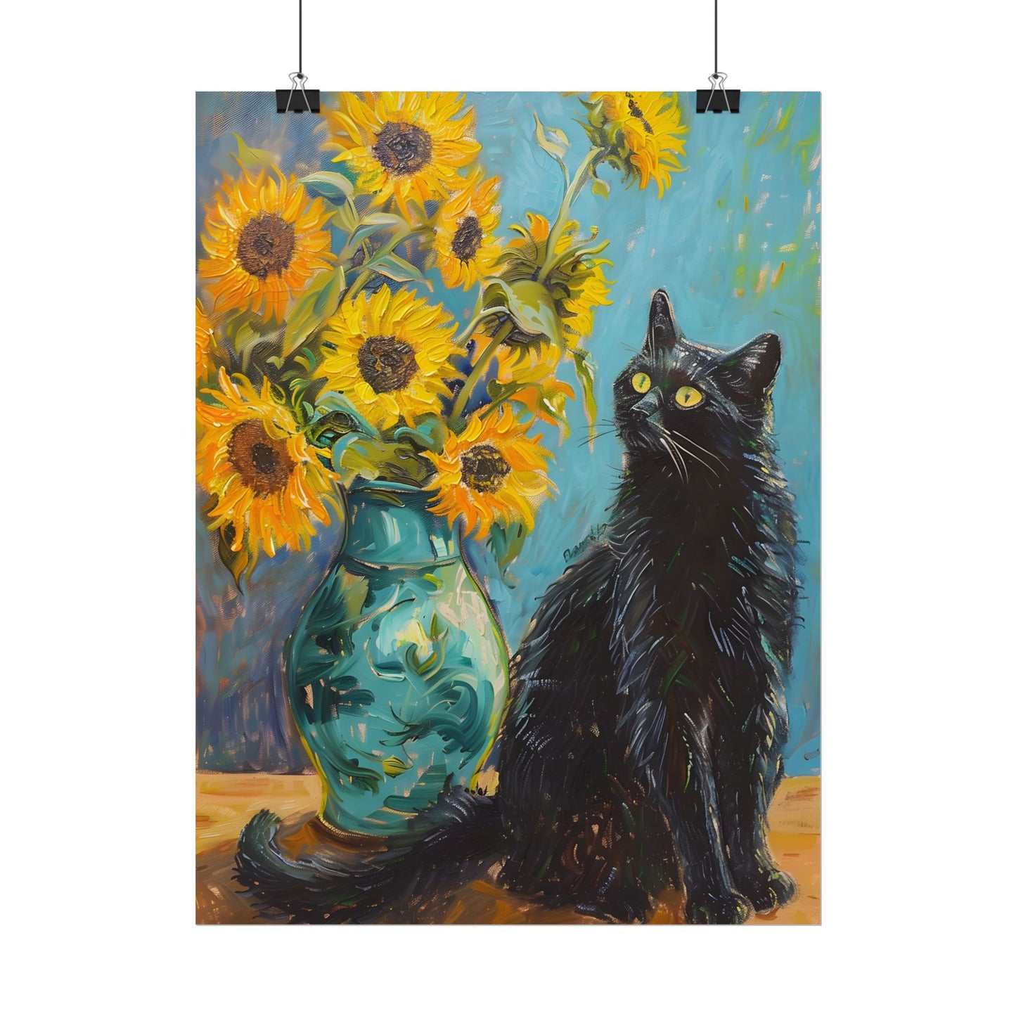 Whispers in the Garden: A Black Cat Among Sunflowers - Poster