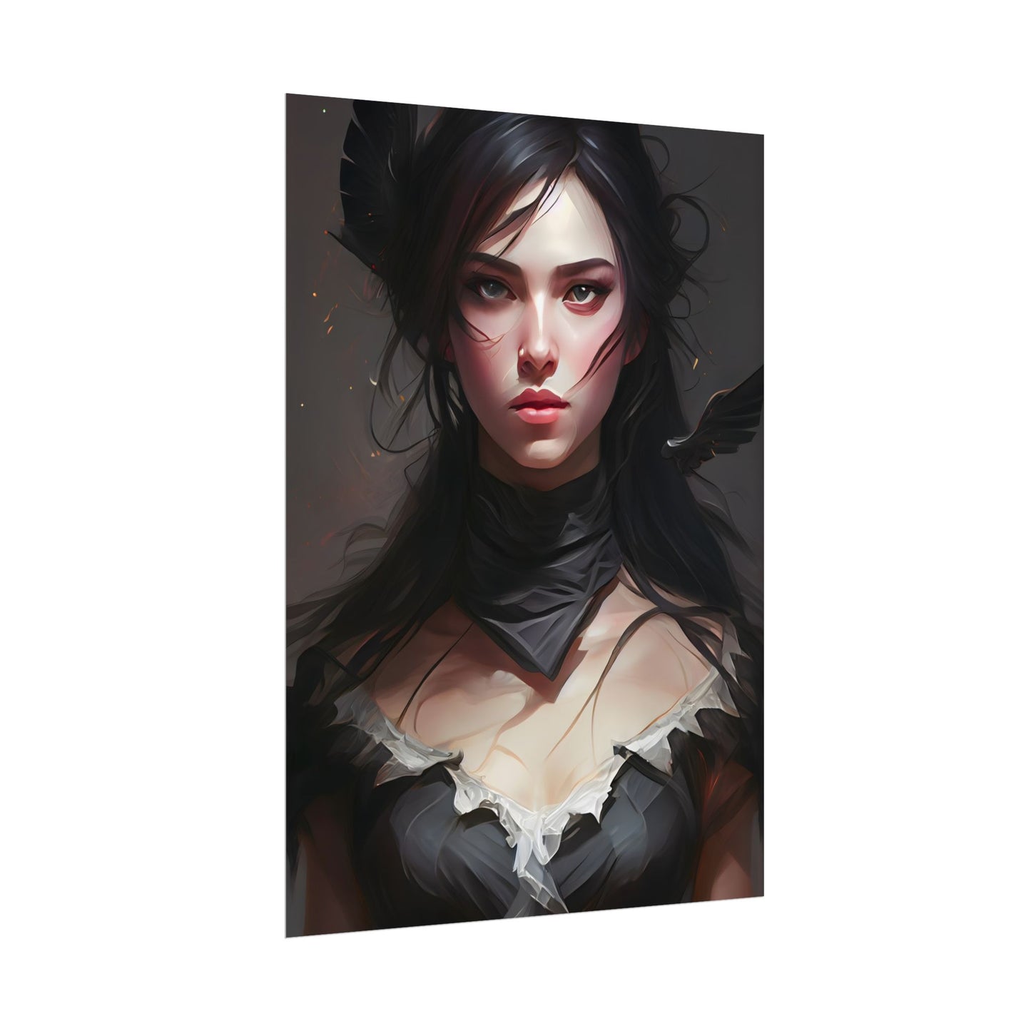 Female Portrait: Black Hair Artwork in Dark Background - Poster