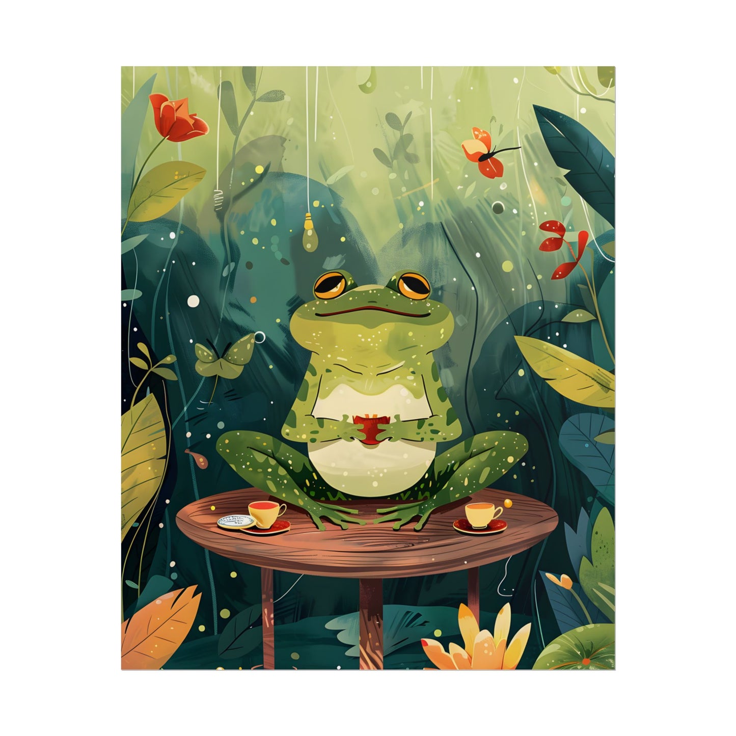Whimsical Frog on Water: Playful Lily Pad Illustration - Poster