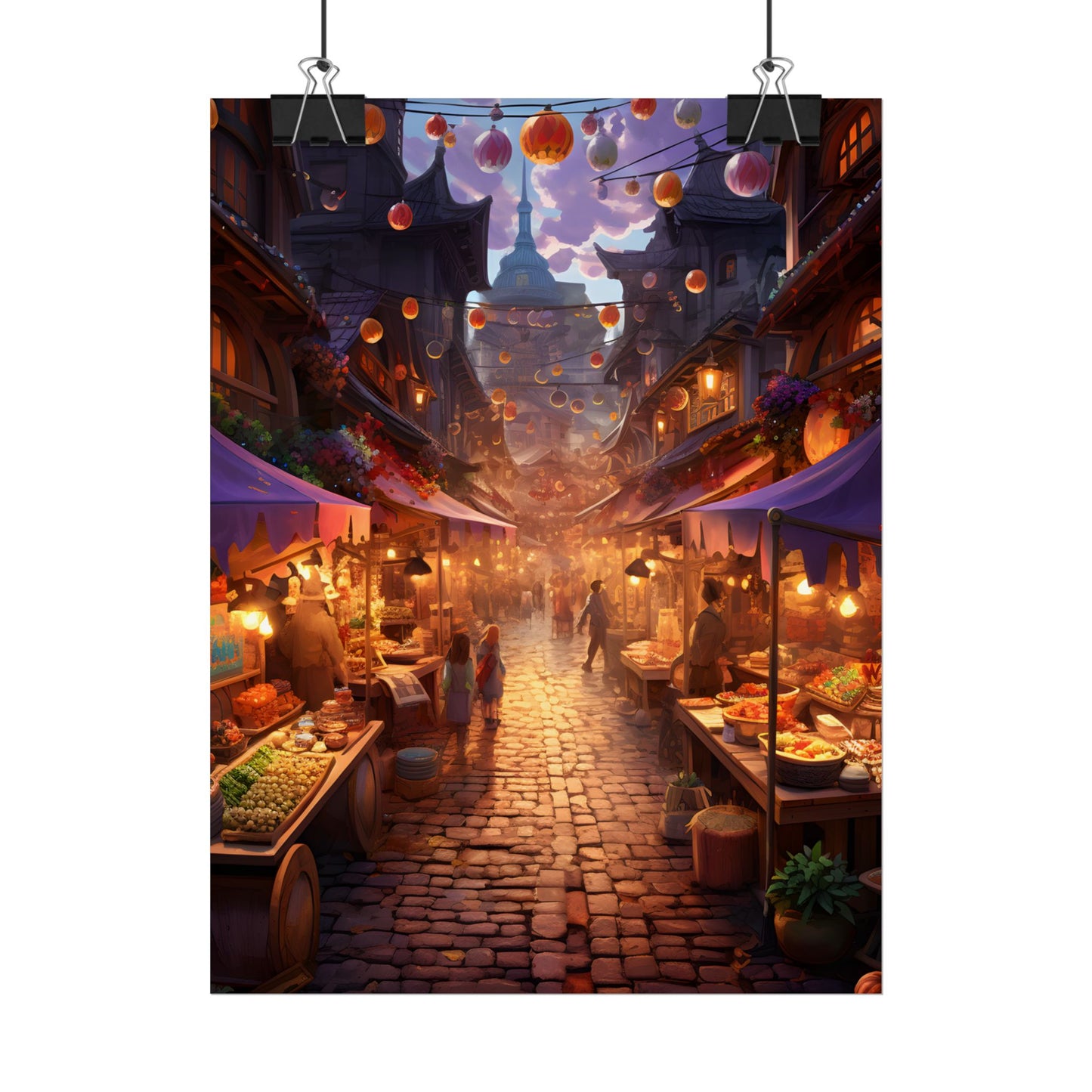 Magical Street Food Market: Vibrant Enchanted Scene Art - Poster