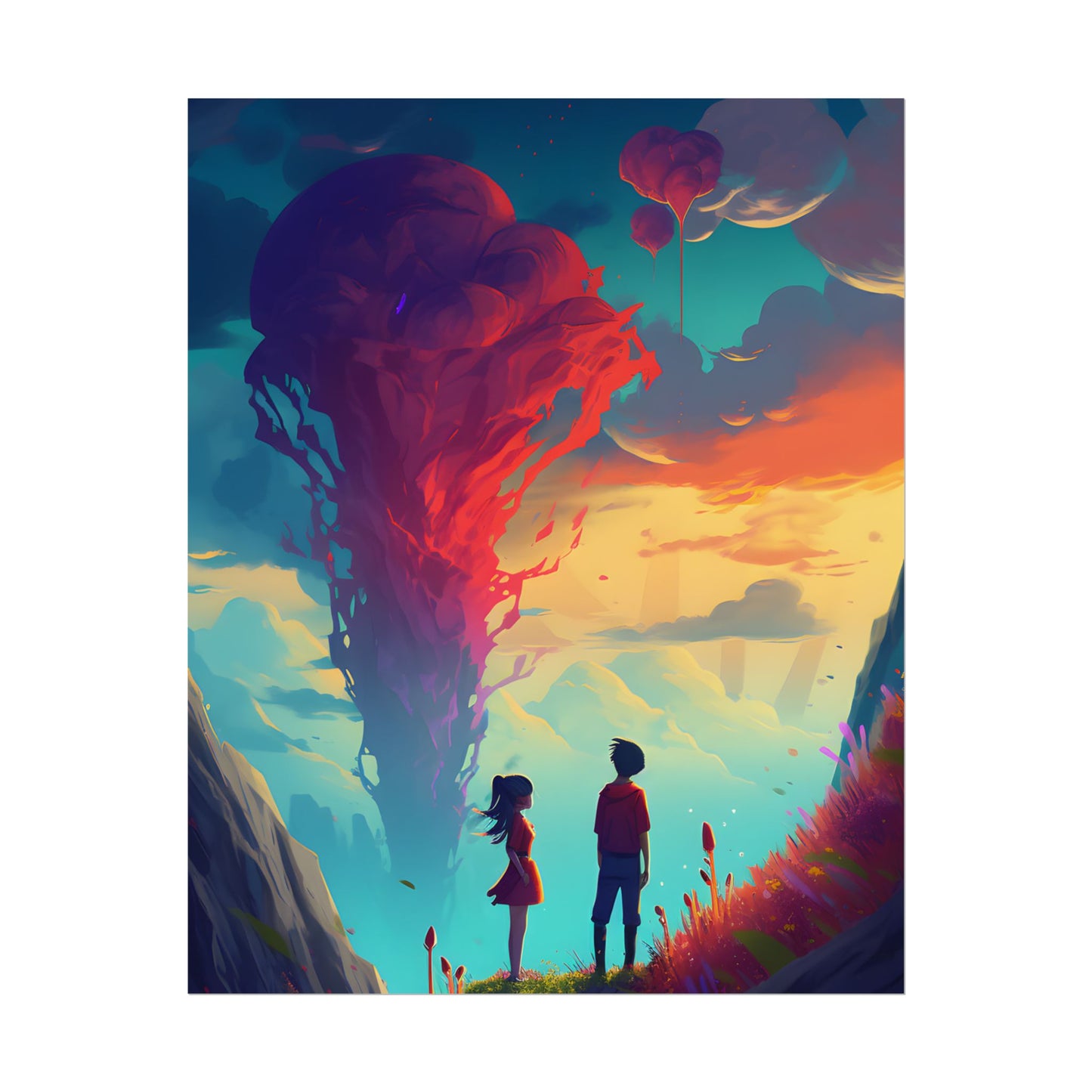 Peaceful Meadow Moment: A Girl and a Boy in Nature - Poster
