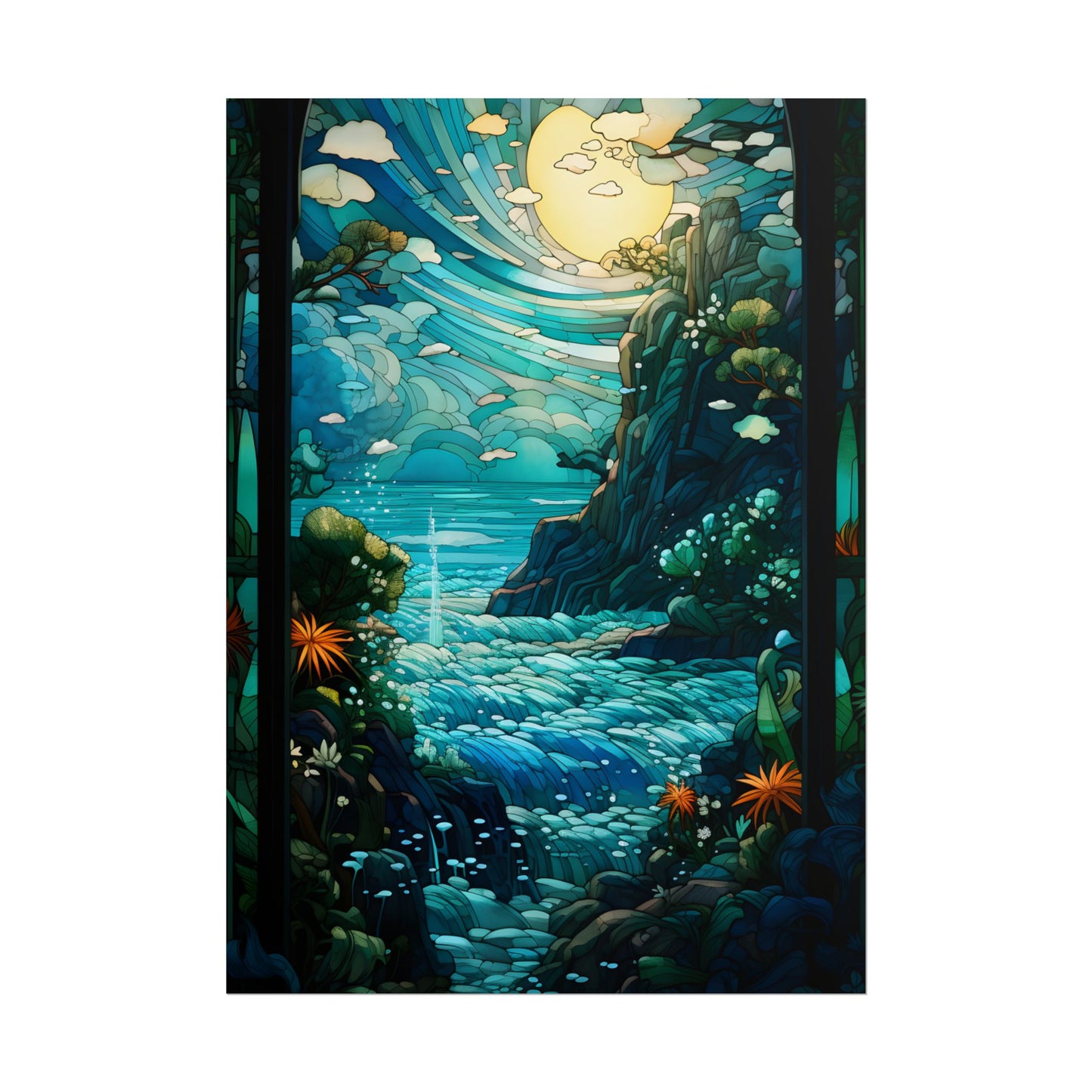 Medieval Stained Glass Church Art: Vibrant Religious Figures - Poster