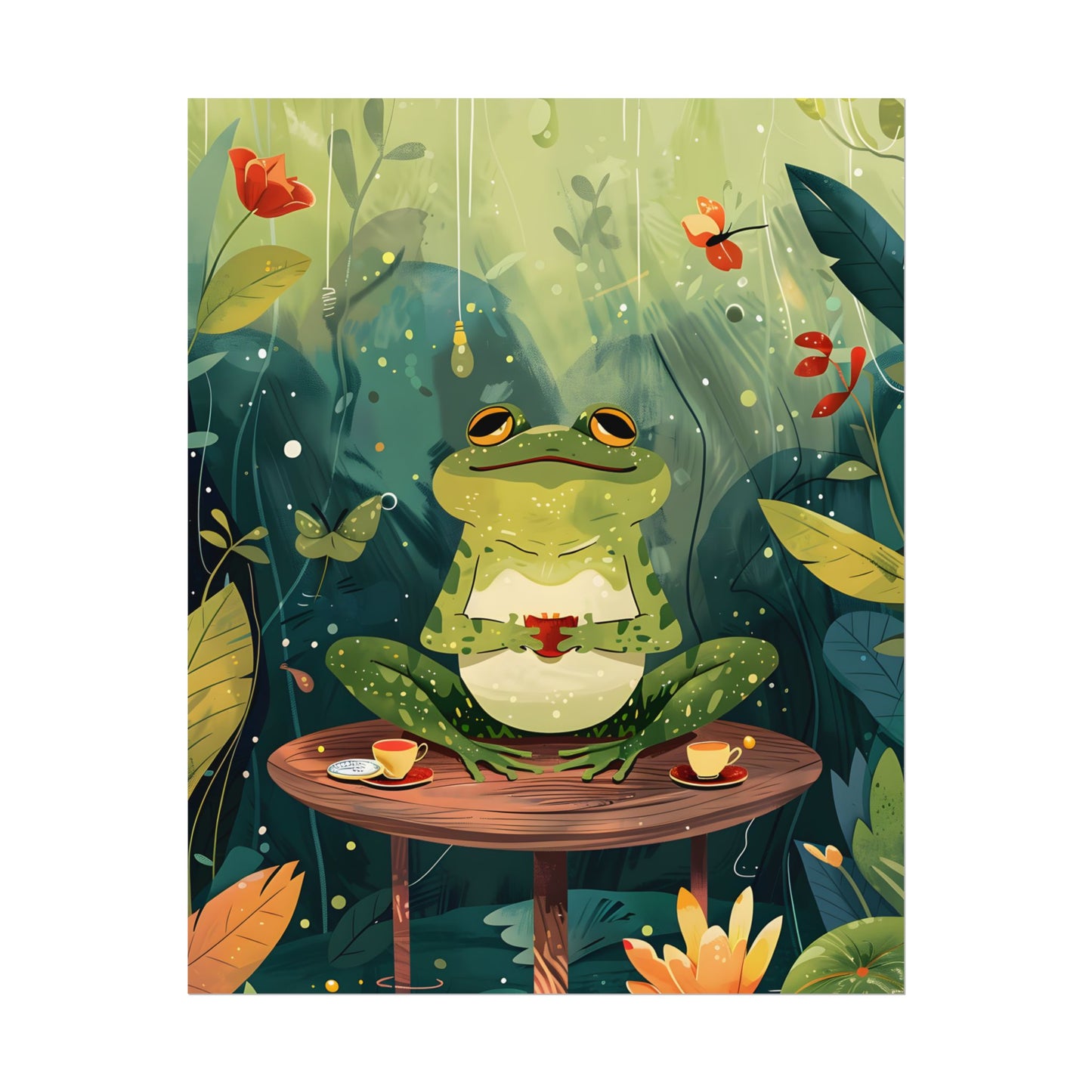 Whimsical Frog on Water: Playful Lily Pad Illustration - Poster
