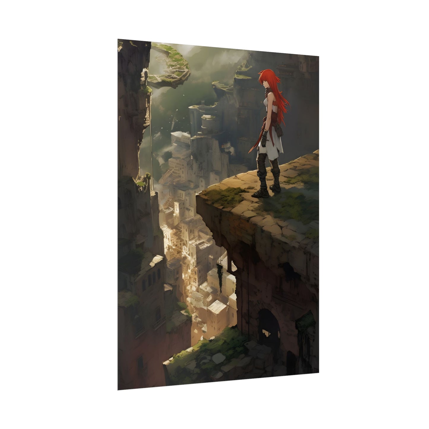 Anime Birds Eye View: Red Haired Female in Action Fantasy Scene - Poster