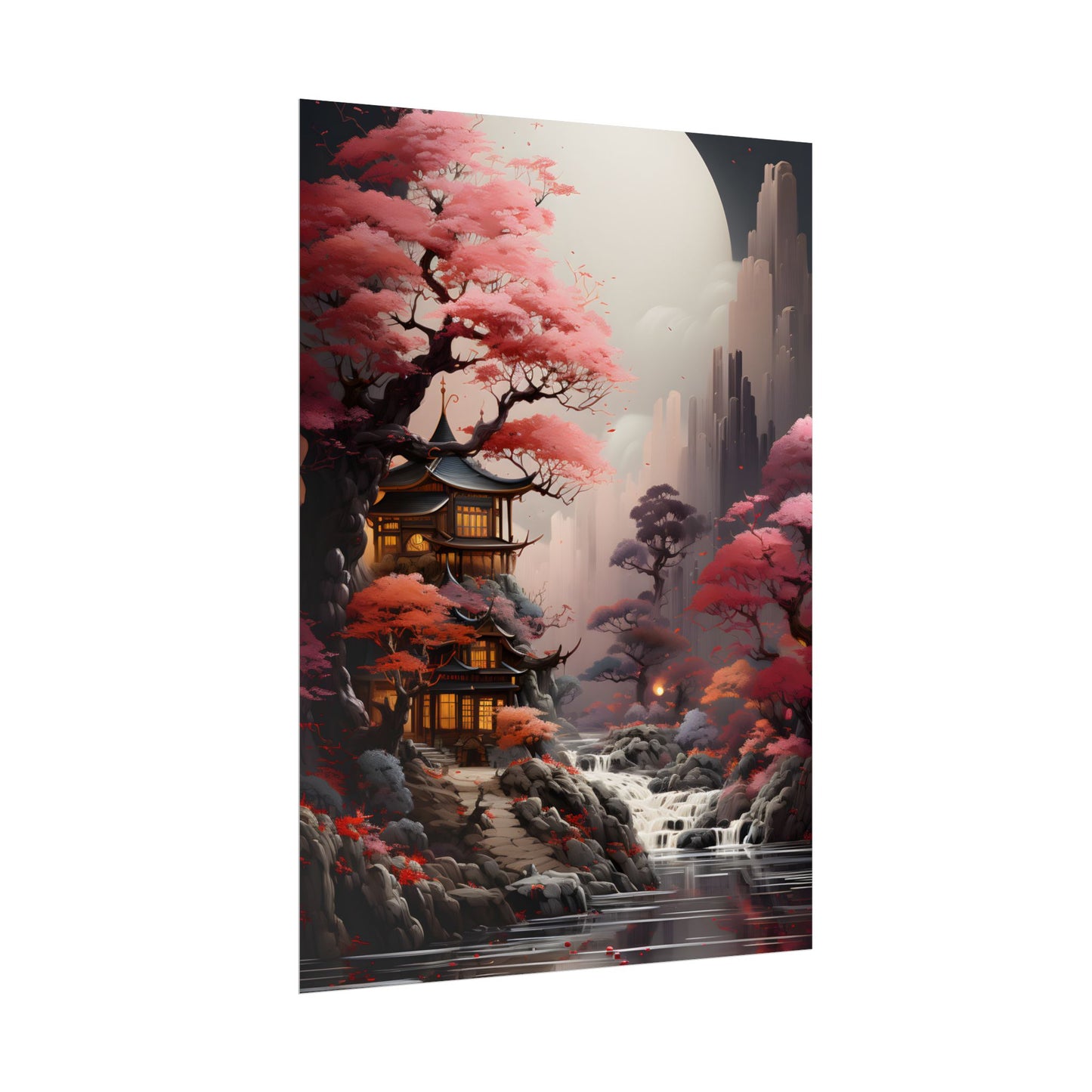 Landscape Masterpiece in Ash Magenta and Moss Green: Serene Nature Artwork - Poster