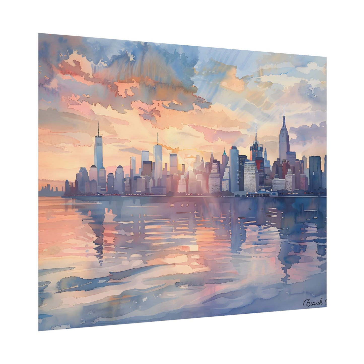 Watercolor New York City Sunset: Golden Hour Artwork - Poster