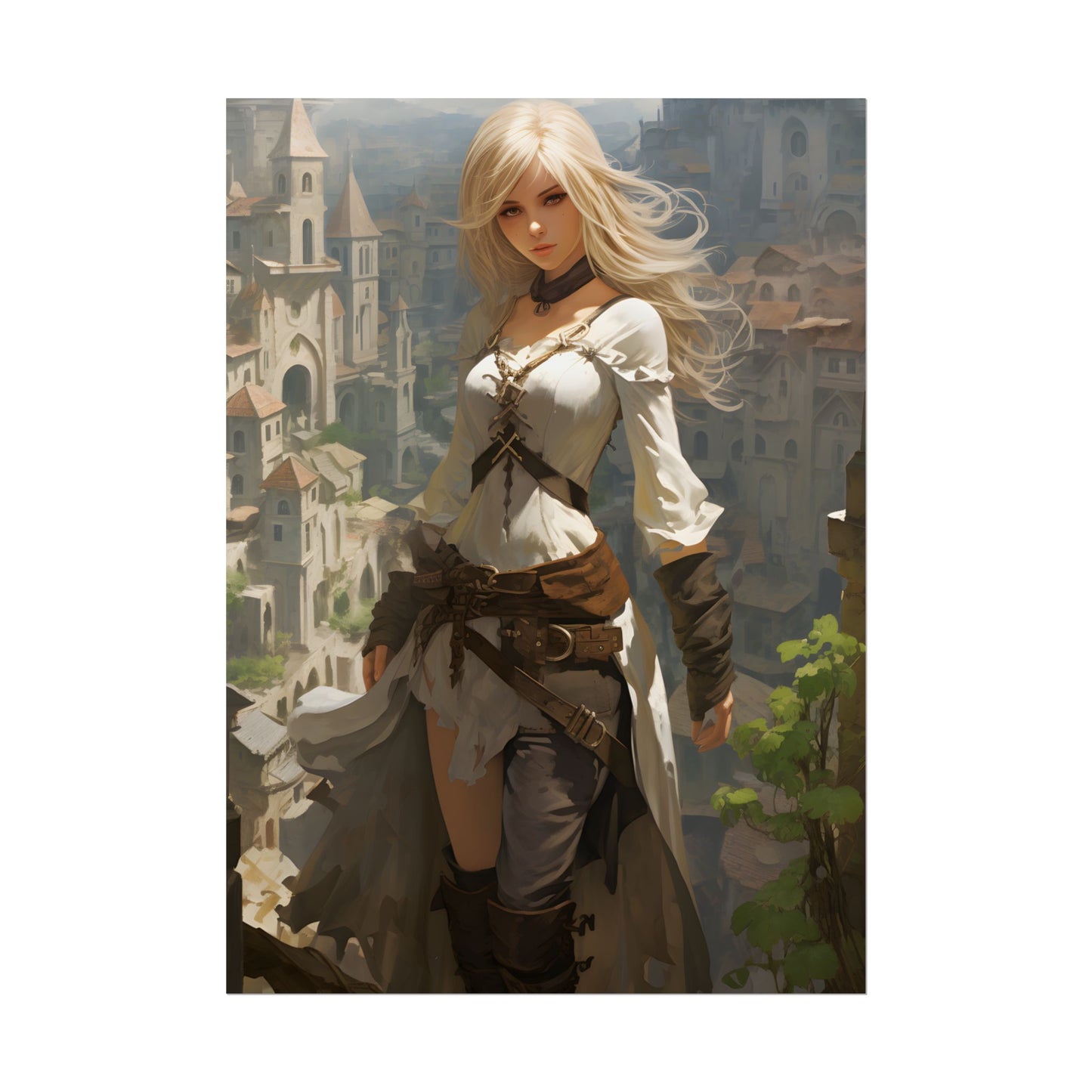 Anime Bird's Eye View Portrait: Blonde Beauty in Motion - Poster
