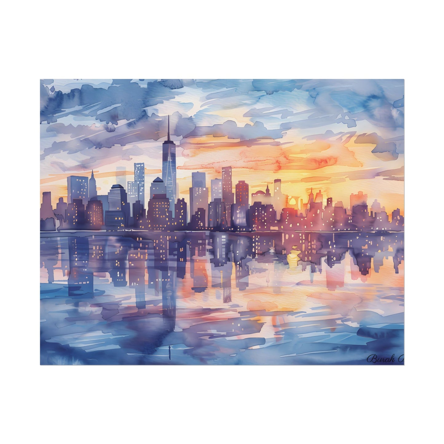 Watercolor New York City Sunset Skyline: Artistic NYC View - Poster