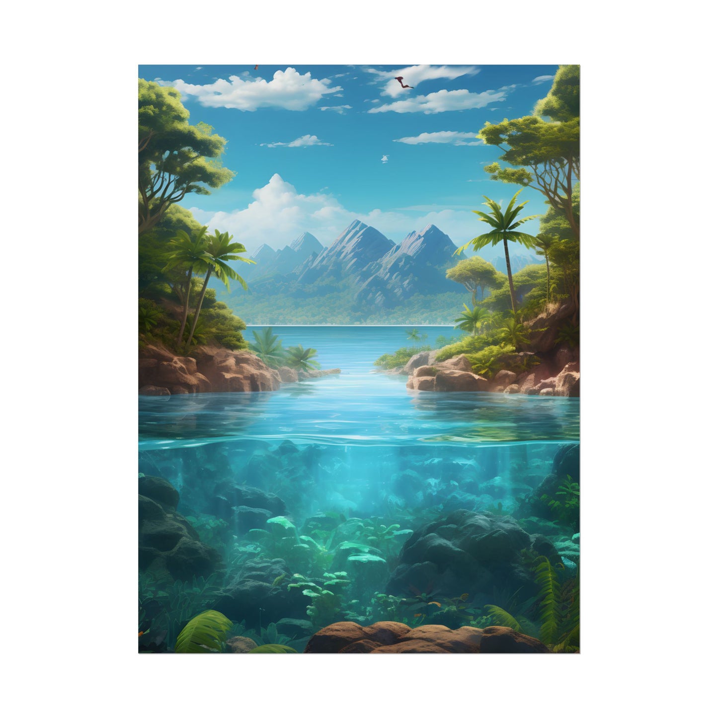 Tropical Tranquility: Serene Lagoon Island Art - Poster