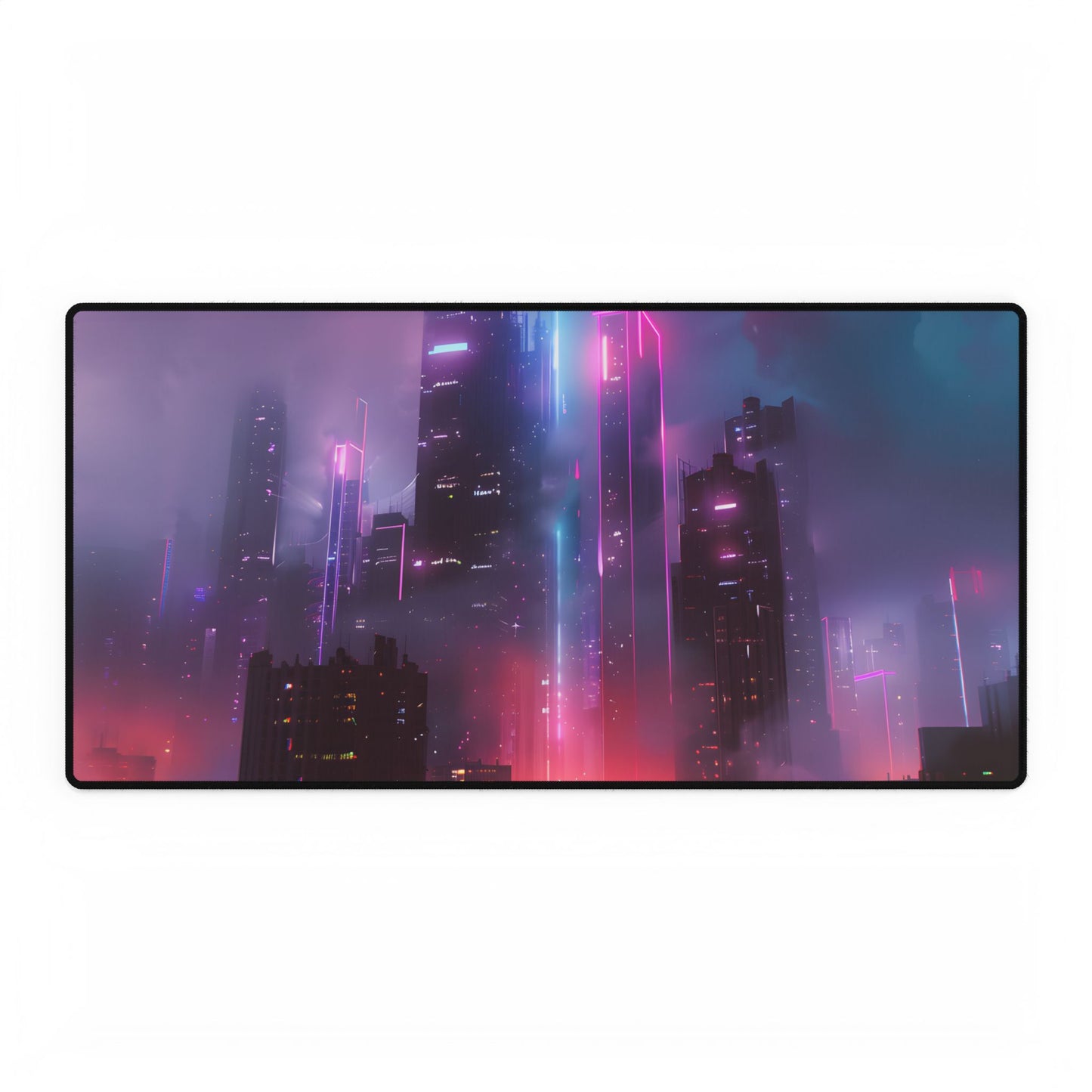 Futuristic Cityscape: Neon Dreams in the Urban Sky - Desk Mat