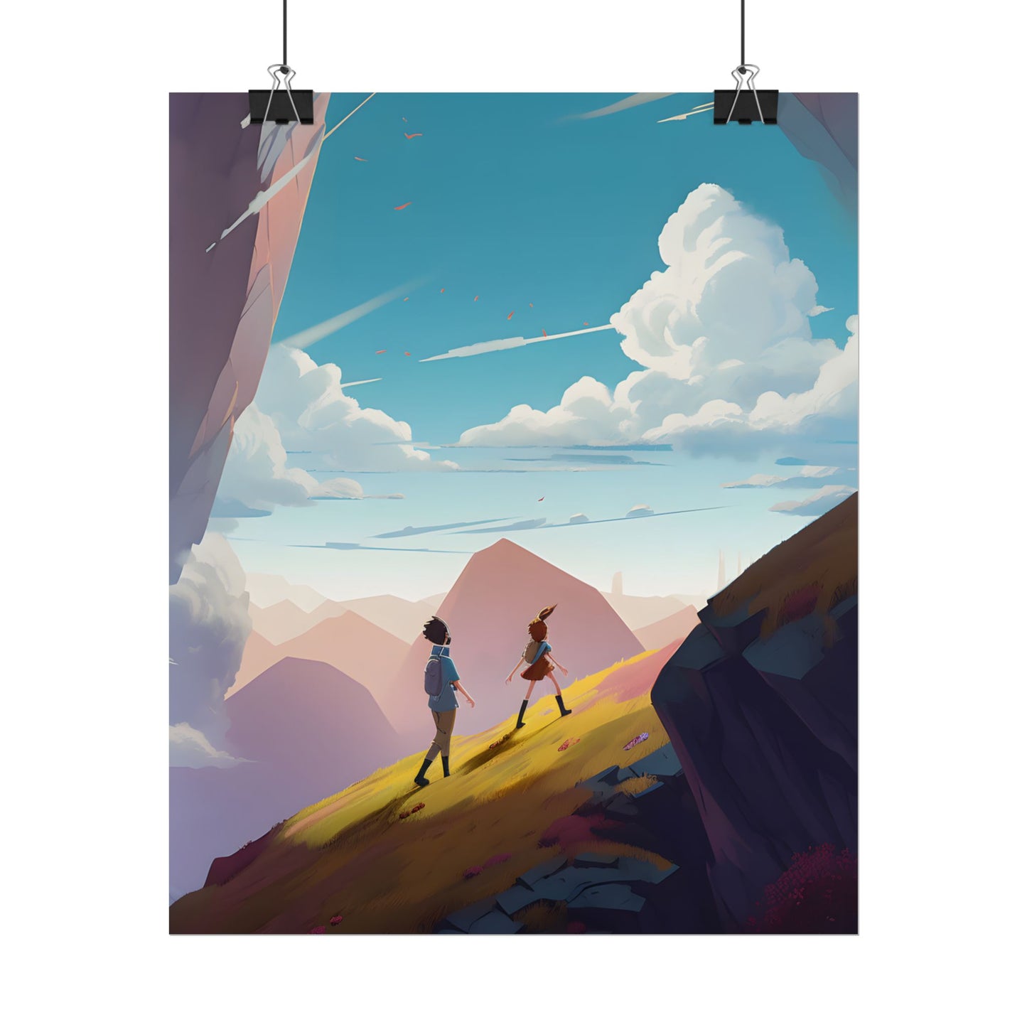 Young Boy and Girl on Cloudy Meadow: Outdoor Landscape Art - Poster