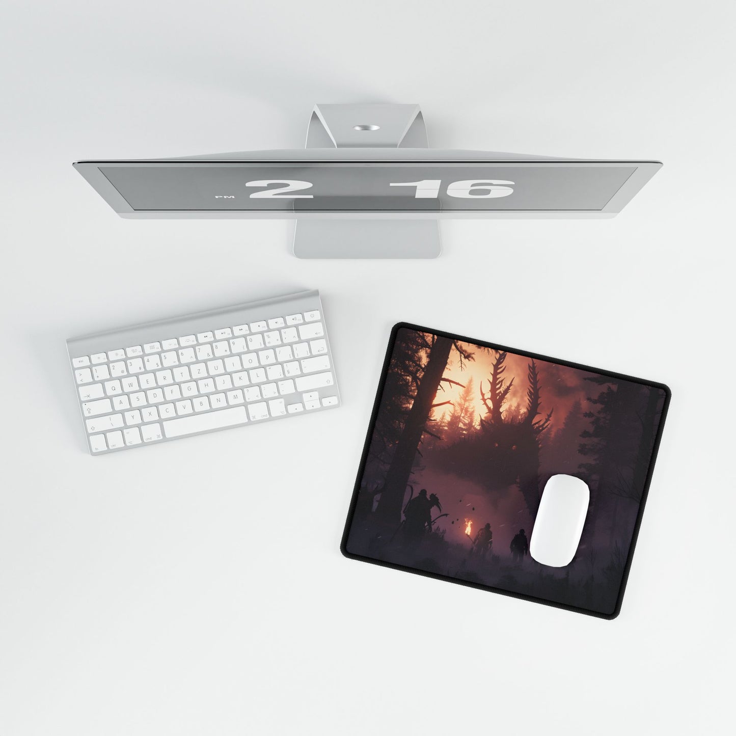 Serene Forest Sunset: Group Walking Through Misty Landscape - Desk Mat