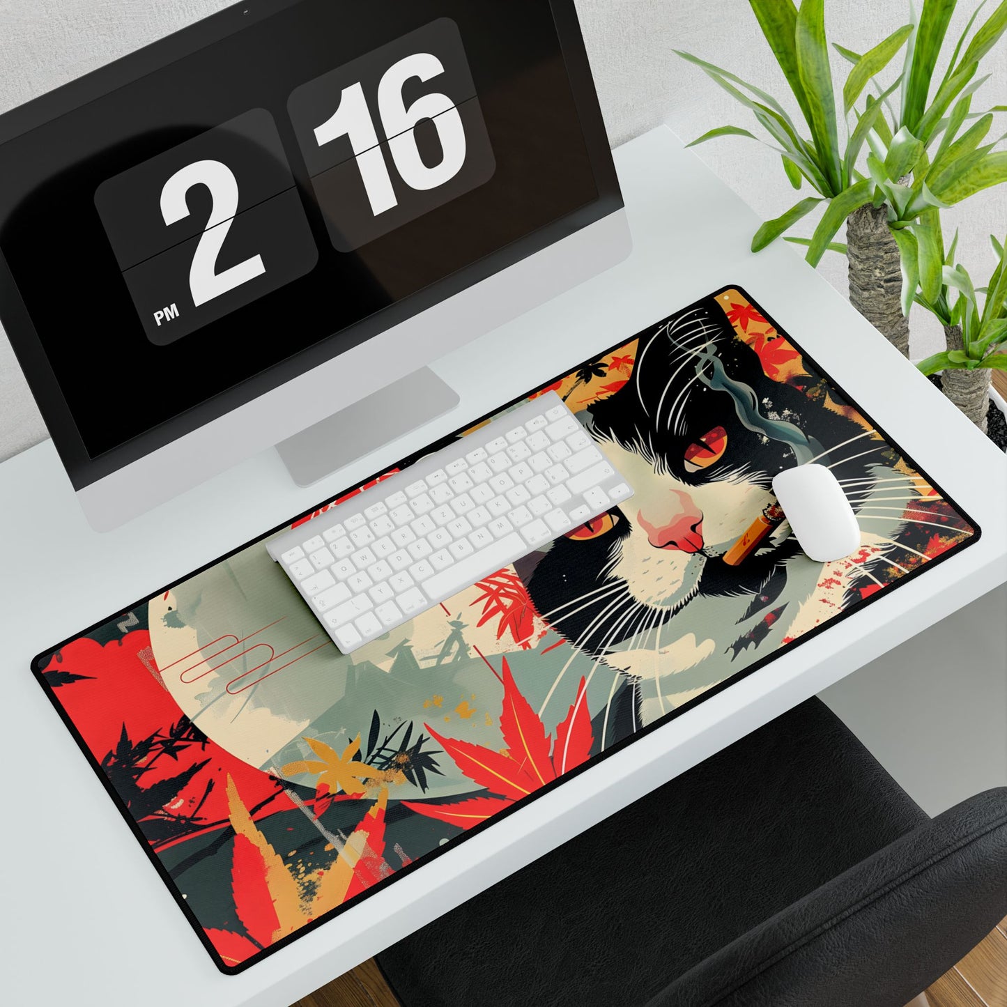 Realistic Tabby Cat with Cigarette: Unconventional Feline Fun - Desk Mat