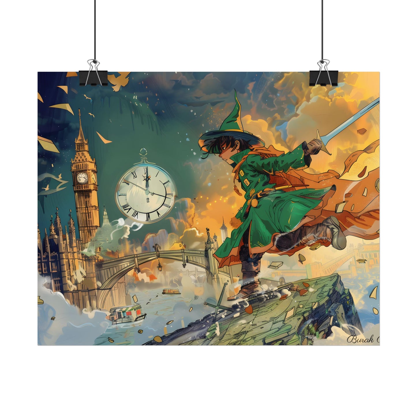 Whimsical Green Tunic Boy: Mischievous Illustration - Poster