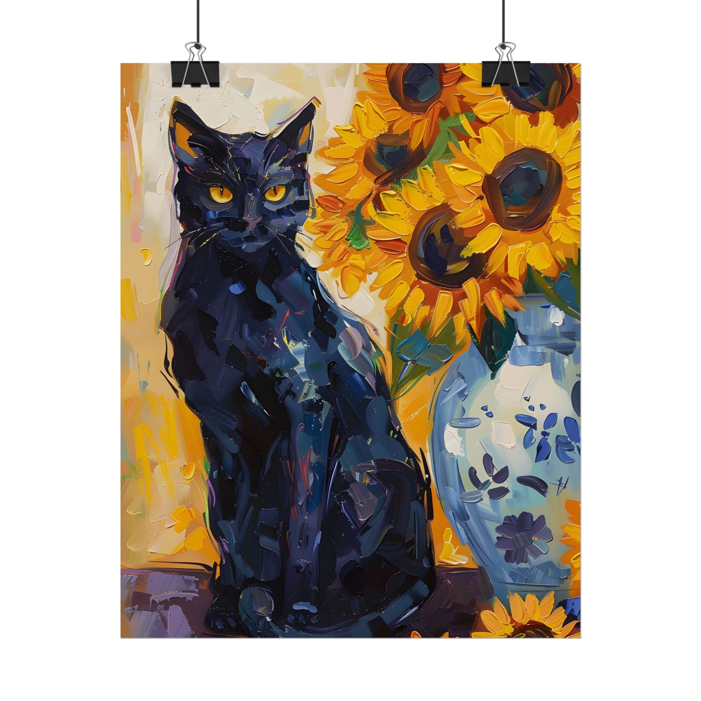 Whiskers by Sunshine: Black Cat in a Blooming Garden - Poster