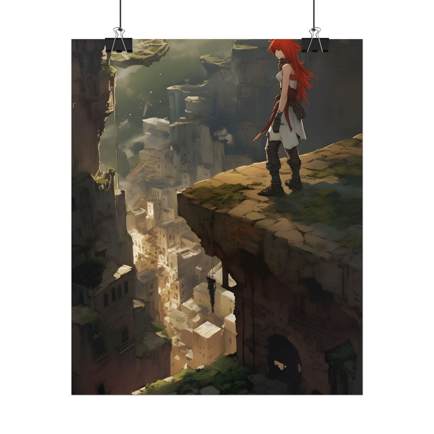 Anime Birds Eye View: Red Haired Female in Action Fantasy Scene - Poster
