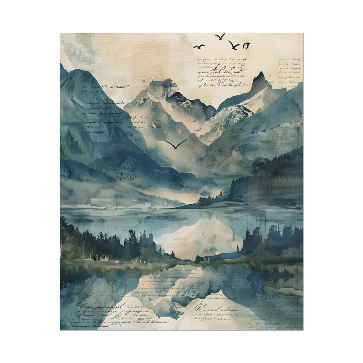 Serene Mountain Landscape: Wildlife Art with Birds in Flight - Poster
