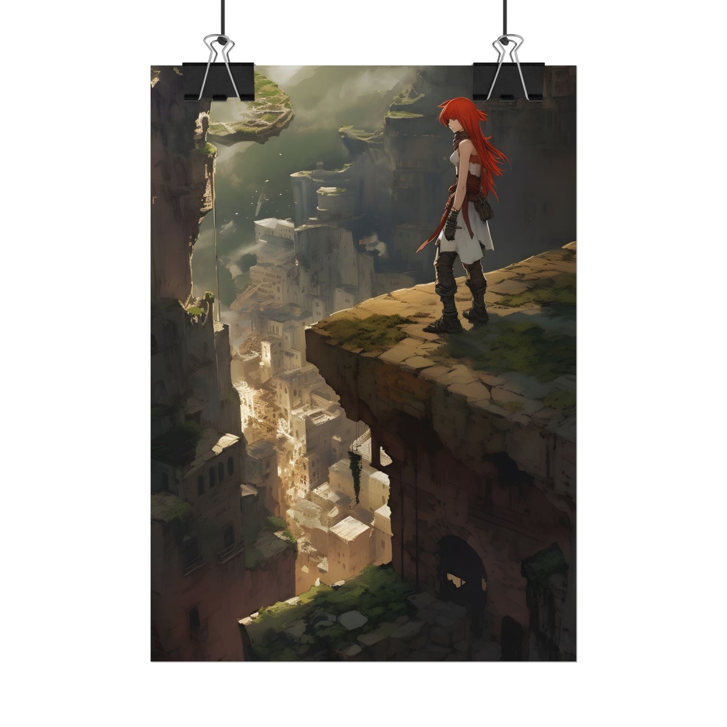 Anime Birds Eye View: Red Haired Female in Action Fantasy Scene - Poster