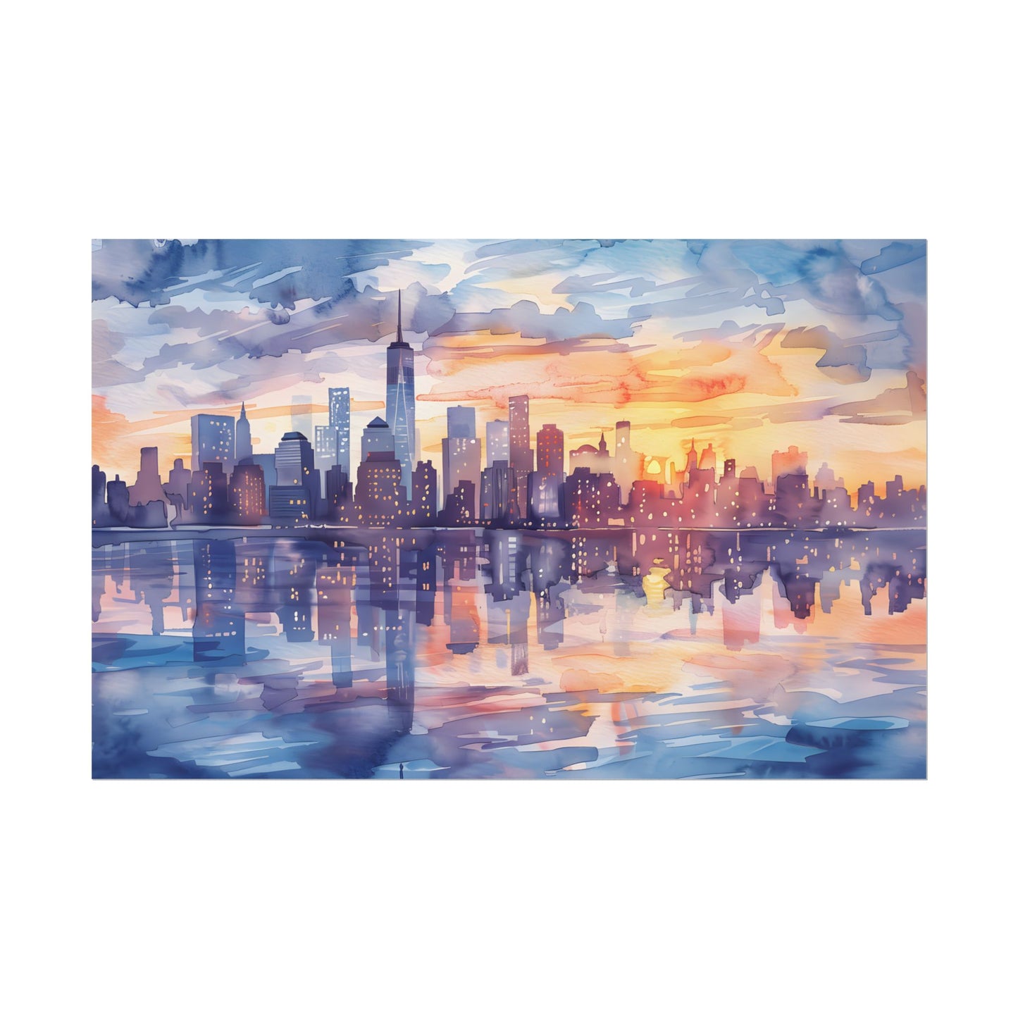 Watercolor New York City Sunset Skyline: Artistic NYC View - Poster