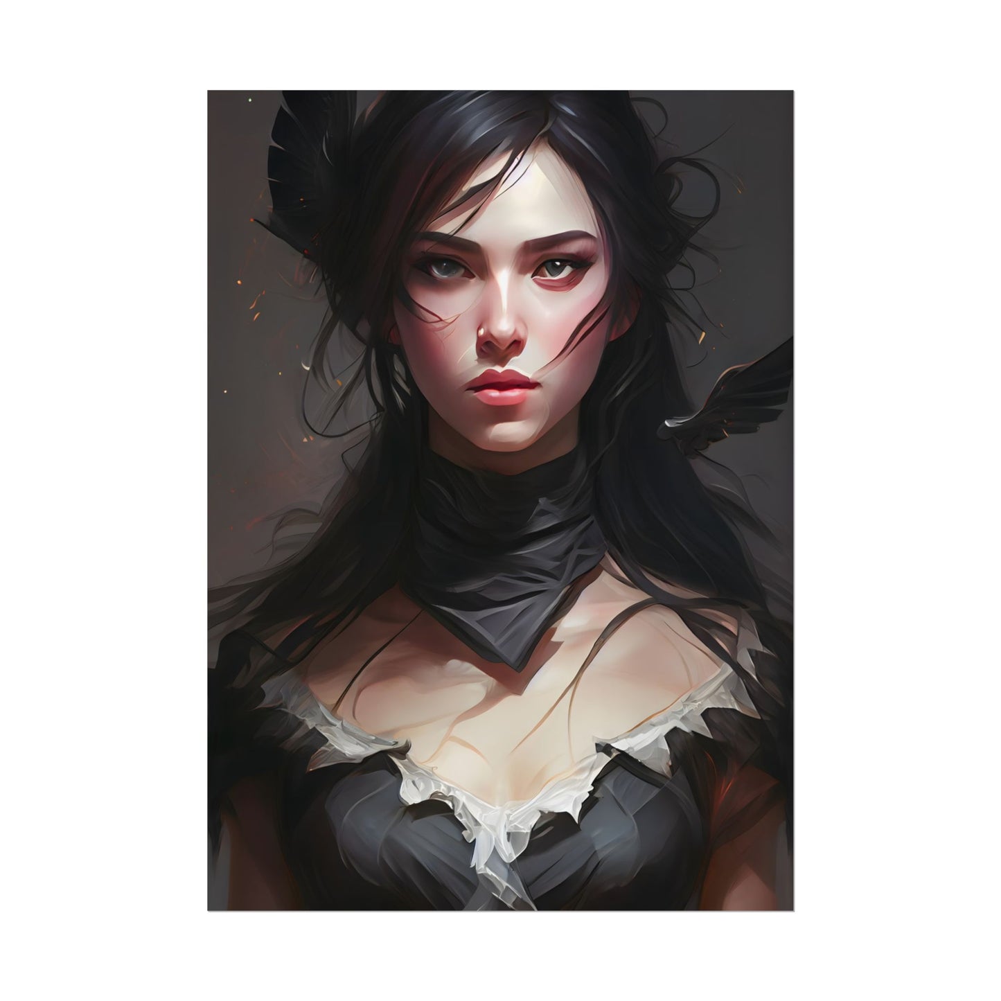 Female Portrait: Black Hair Artwork in Dark Background - Poster