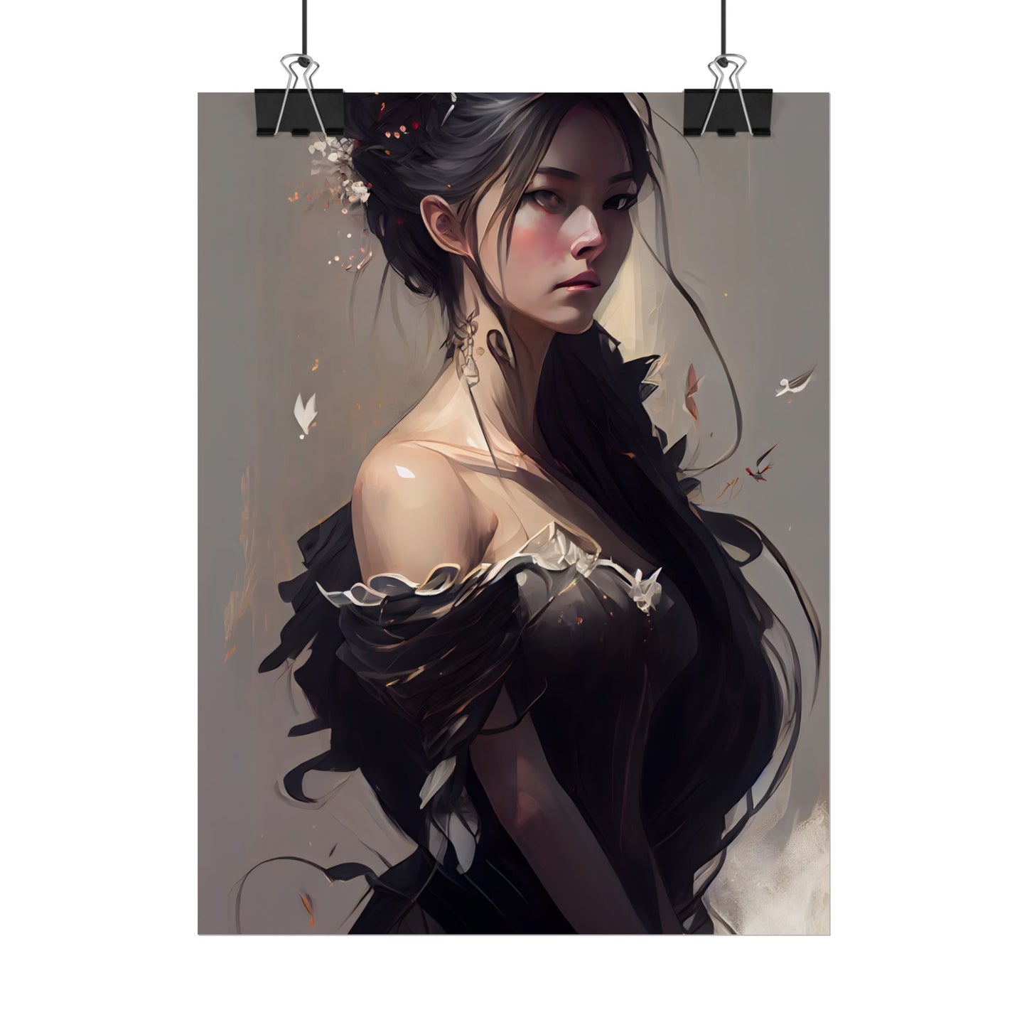 Elegant Black Hair Portrait: Beautiful Female in Dress Art - Poster