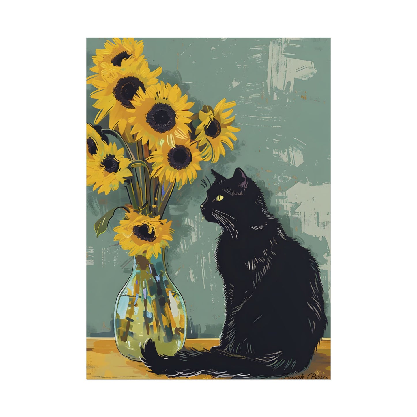 Whispers in the Sun: A Black Cat's Serene Moment with Sunflowers - Poster