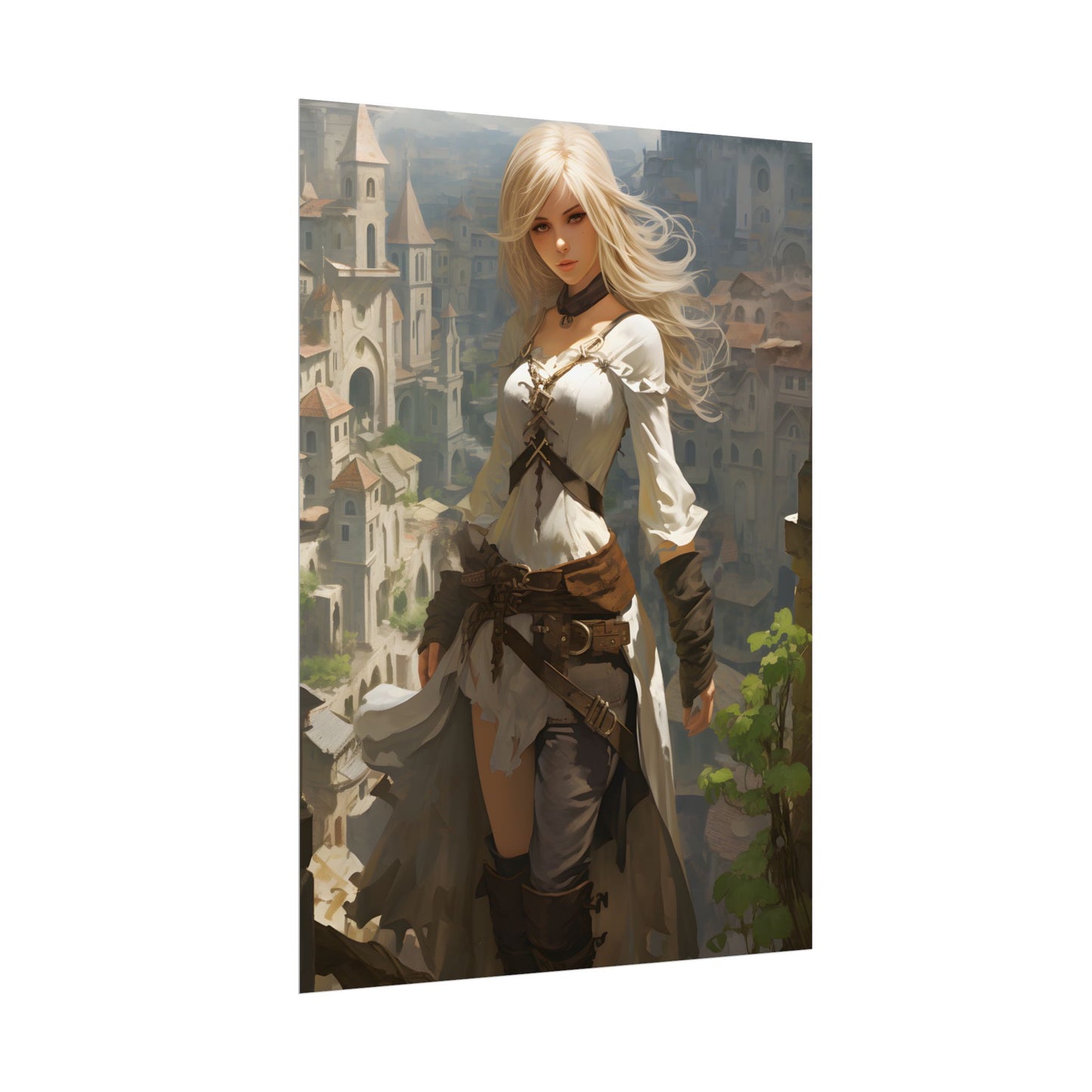 Anime Bird's Eye View Portrait: Blonde Beauty in Motion - Poster