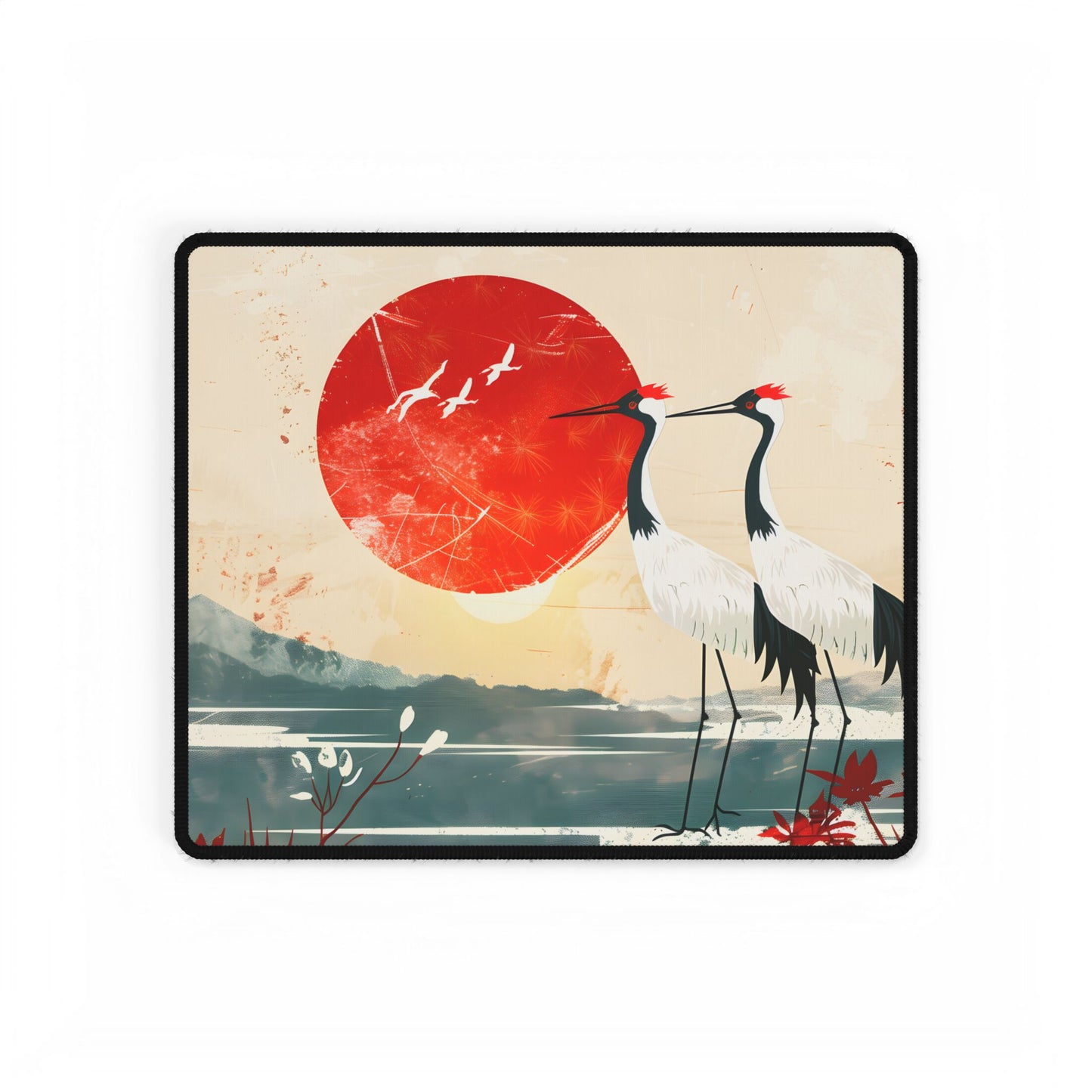 Serene Crane Landscape: Two Industrial Cranes in Nature - Desk Mat