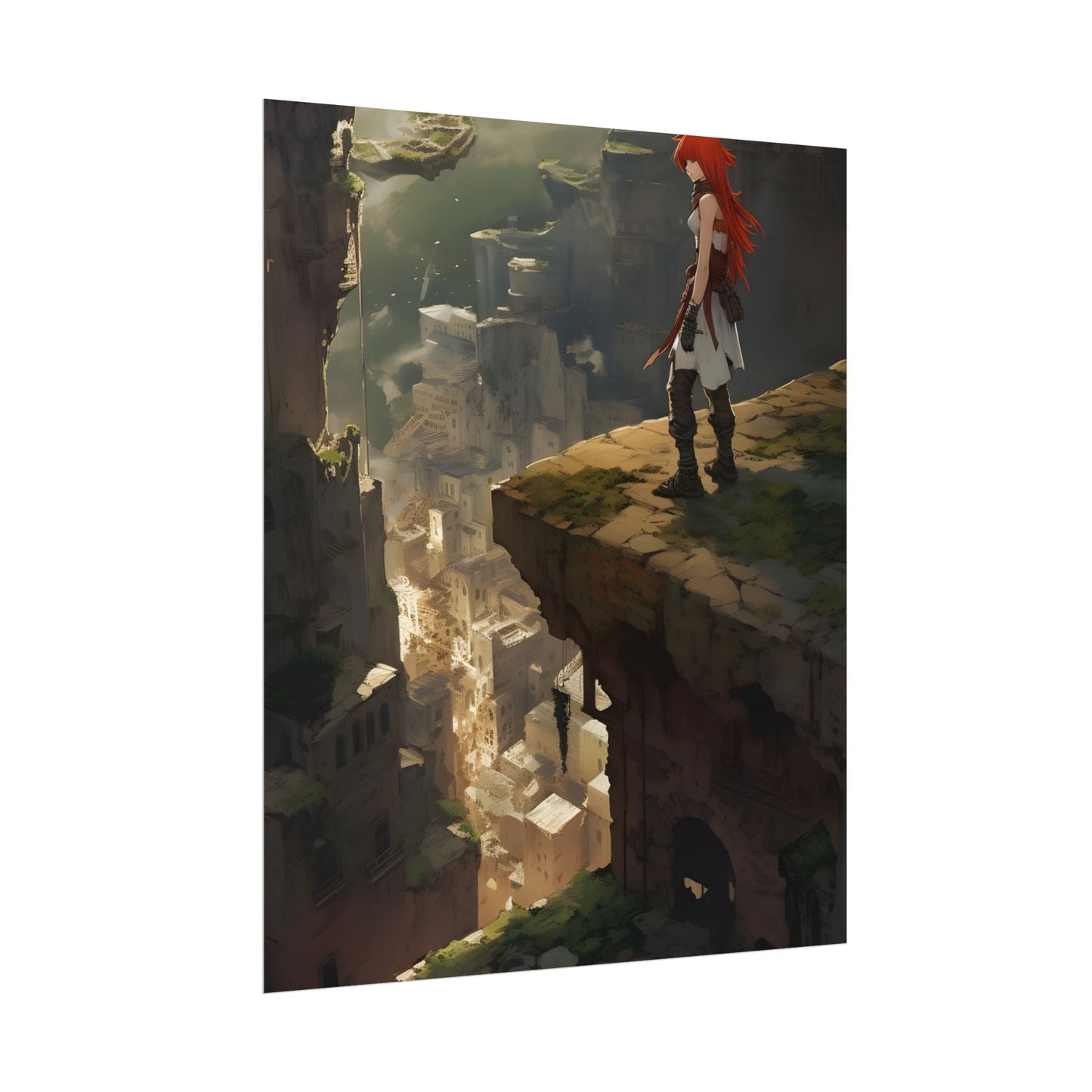 Anime Birds Eye View: Red Haired Female in Action Fantasy Scene - Poster